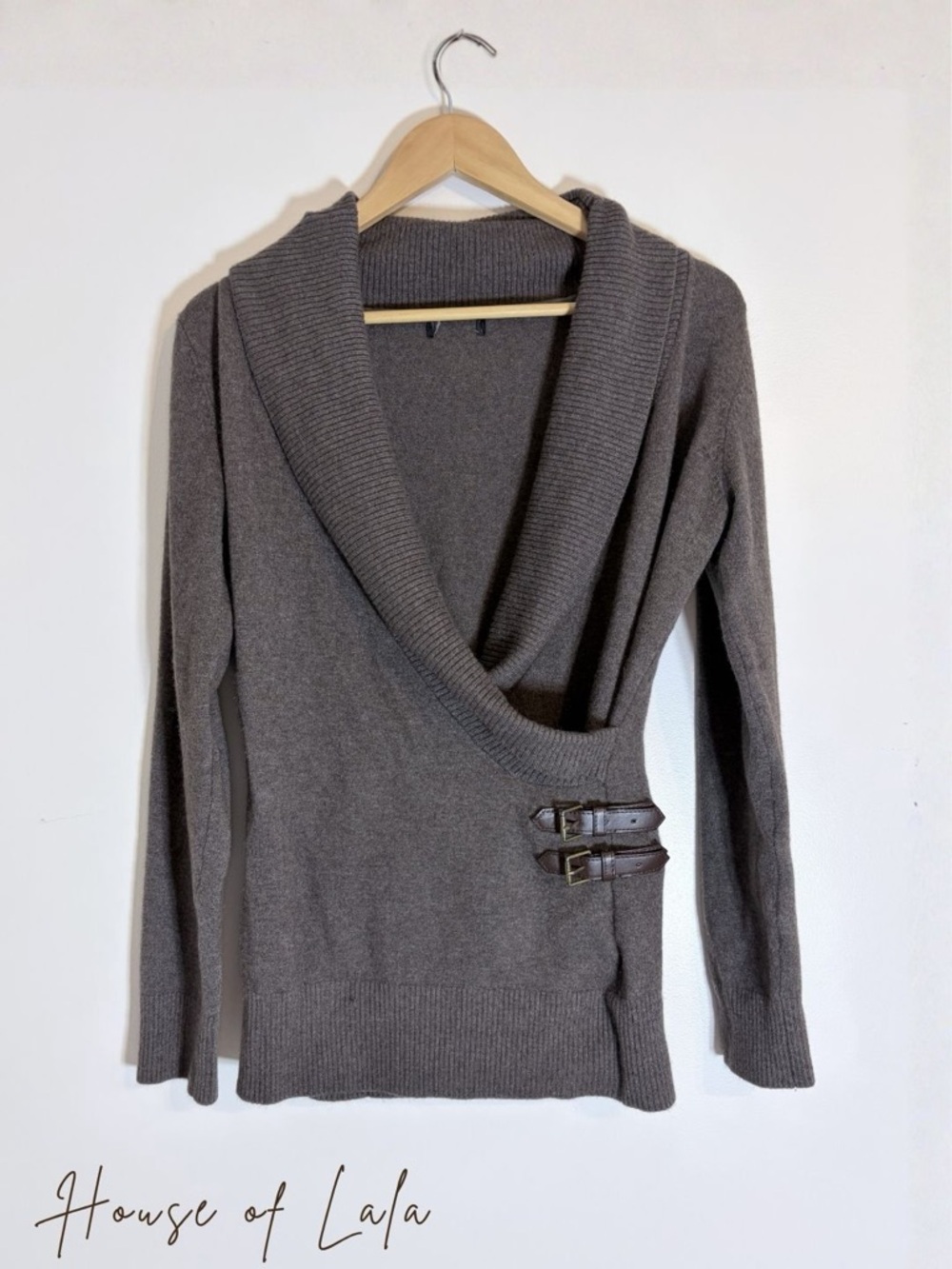 Angora Blend Taupe Wrap Sweater Buckle Detail. Elevated Cozy Chic - Picture 1 of 8